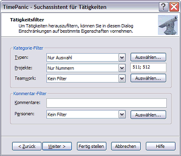 Such- und Filterfunktionen in unserem Programm zur Projektzeiterfassung.