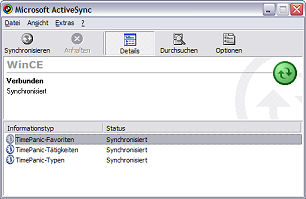 TimePanic-Informationstypen im ActiveSync-Fenster.