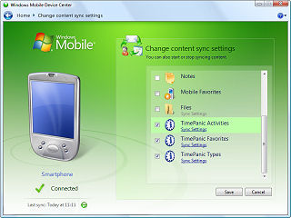 TimePanic Information Types in the Windows Mobile Device Center window.