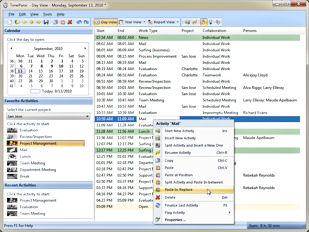 In the day view, the main window displays the timesheet - the chronological list of all activities of the day. On the left-hand side, it has different panes, one of which contains customizable favorite activites that are used for starting recurring activities more easily.